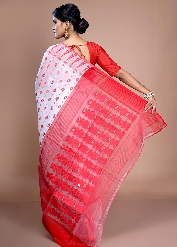 White Tant Jamdani Saree Without Blouse Piece - Indian Silk House Agencies