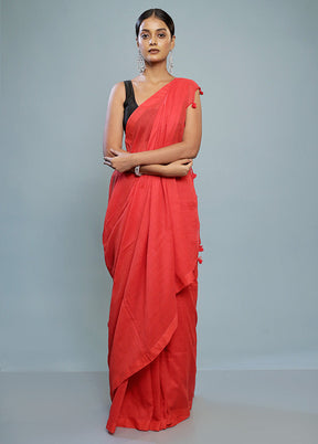 Red Cotton Saree With Blouse Piece - Indian Silk House Agencies