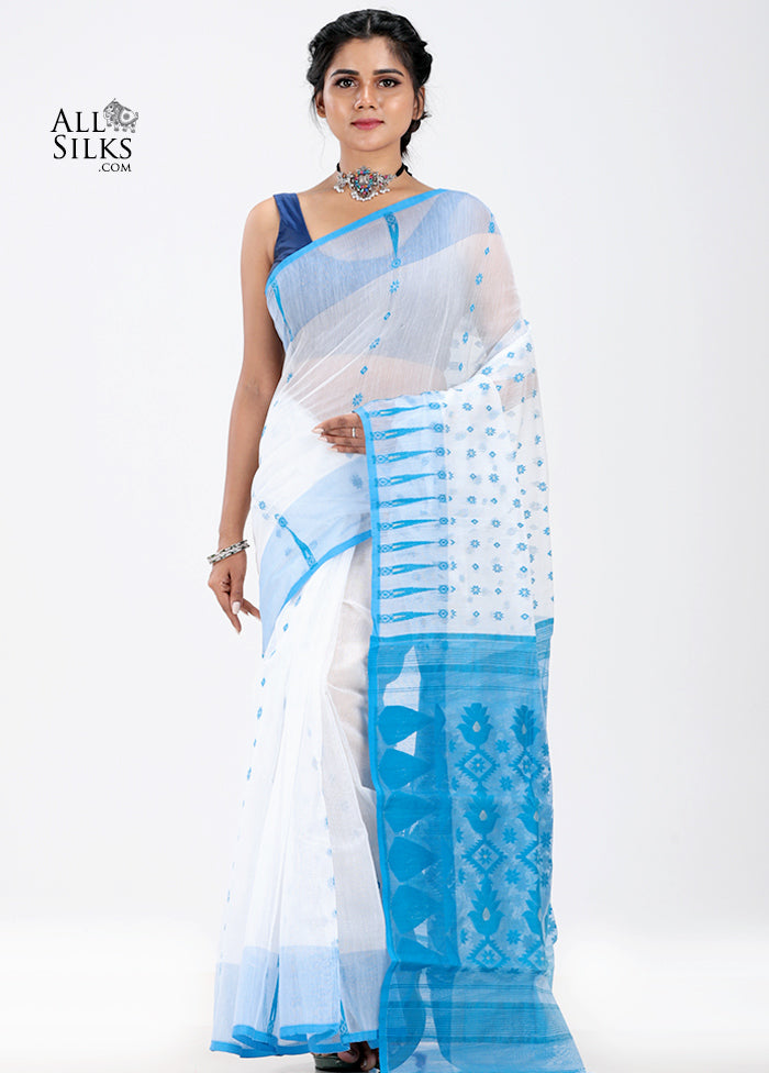 White Tant Jamdani Saree Without Blouse Piece - Indian Silk House Agencies