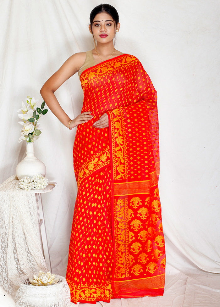 Red Tant Jamdani Woven Saree Without Blouse Piece - Indian Silk House Agencies