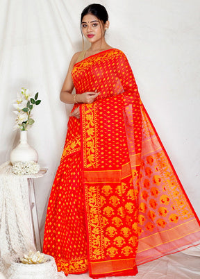 Red Tant Jamdani Woven Saree Without Blouse Piece - Indian Silk House Agencies