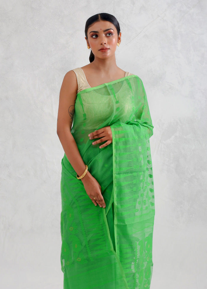 Parrot Green And Pink Tant Jamdani Woven Saree Without Blouse Piece - Indian Silk House Agencies