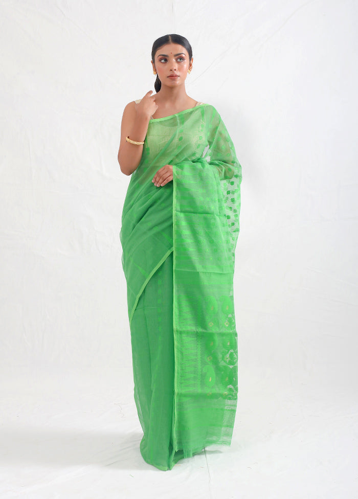 Parrot Green And Pink Tant Jamdani Woven Saree Without Blouse Piece - Indian Silk House Agencies