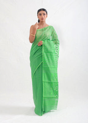 Parrot Green And Pink Tant Jamdani Woven Saree Without Blouse Piece - Indian Silk House Agencies