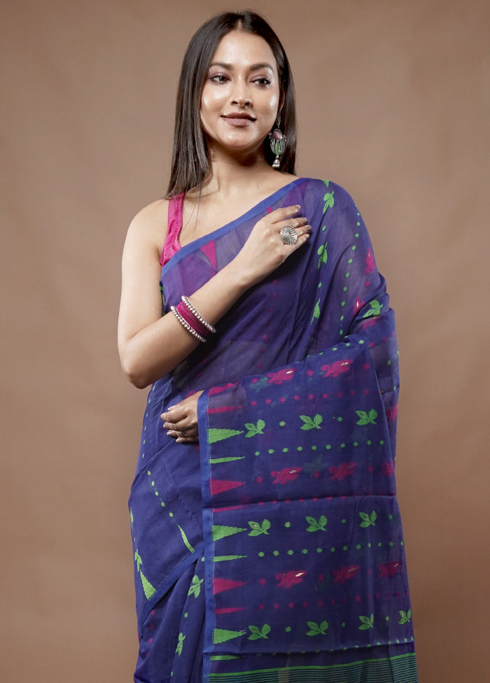 Blue Tant Jamdani Saree Without Blouse Piece - Indian Silk House Agencies