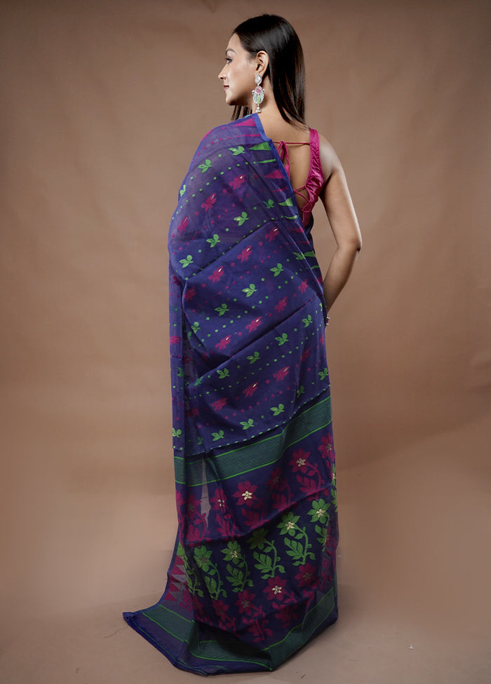 Blue Tant Jamdani Saree Without Blouse Piece - Indian Silk House Agencies