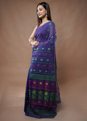 Blue Tant Jamdani Saree Without Blouse Piece - Indian Silk House Agencies