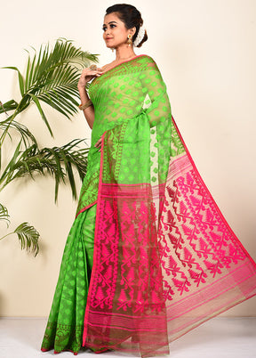 Green Tant Jamdani Woven Saree Without Blouse Piece - Indian Silk House Agencies