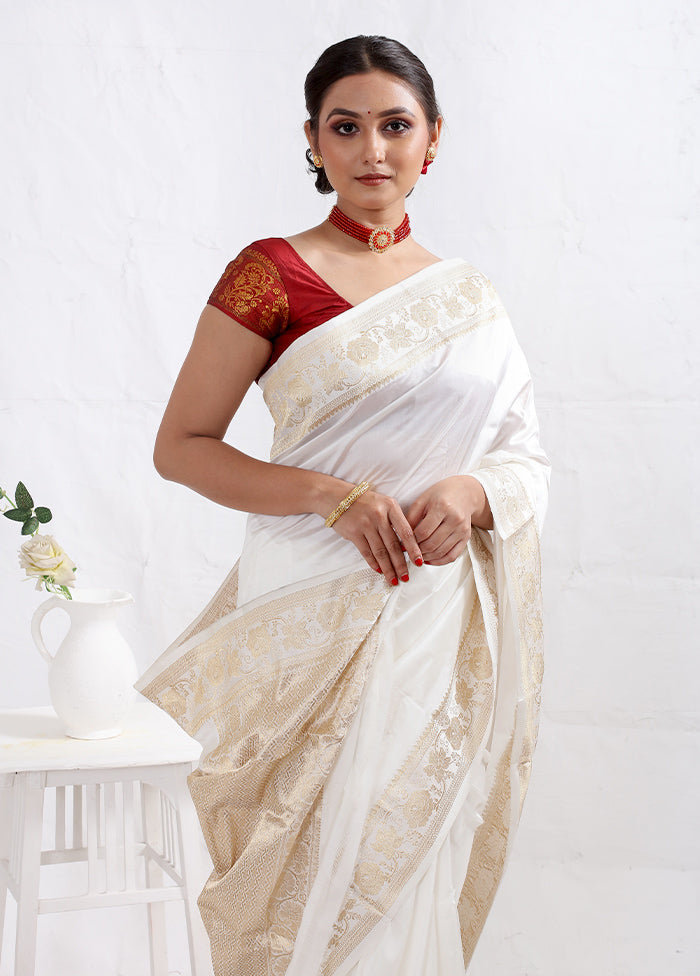 White Katan Pure Silk Saree With Blouse Piece - Indian Silk House Agencies