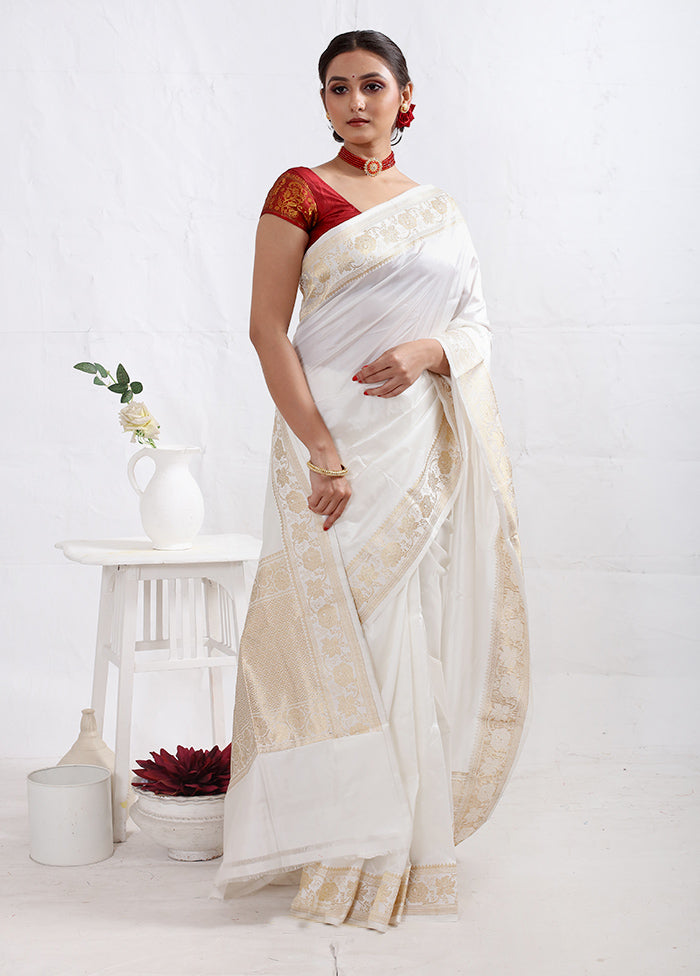 White Katan Pure Silk Saree With Blouse Piece - Indian Silk House Agencies