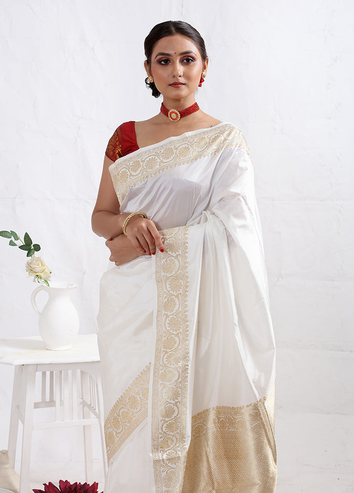 White Katan Pure Silk Saree With Blouse Piece - Indian Silk House Agencies