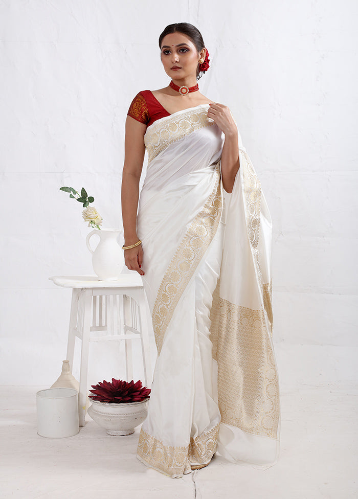 White Katan Pure Silk Saree With Blouse Piece - Indian Silk House Agencies