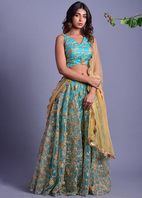 Blue Readymade Net Lehenga Set With Dupatta - Indian Silk House Agencies