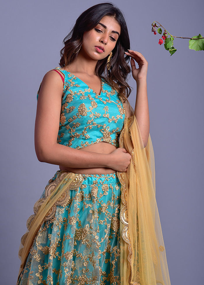 Blue Readymade Net Lehenga Set With Dupatta - Indian Silk House Agencies