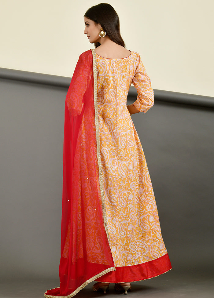 3 Pc Peach Gota Pati Work Chanderi Suit Set With Dupatta VDRAN1412237 - Indian Silk House Agencies