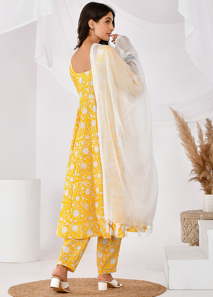 3 Pc Yellow Cotton Printed Suit Set VDRAN12042037 - Indian Silk House Agencies