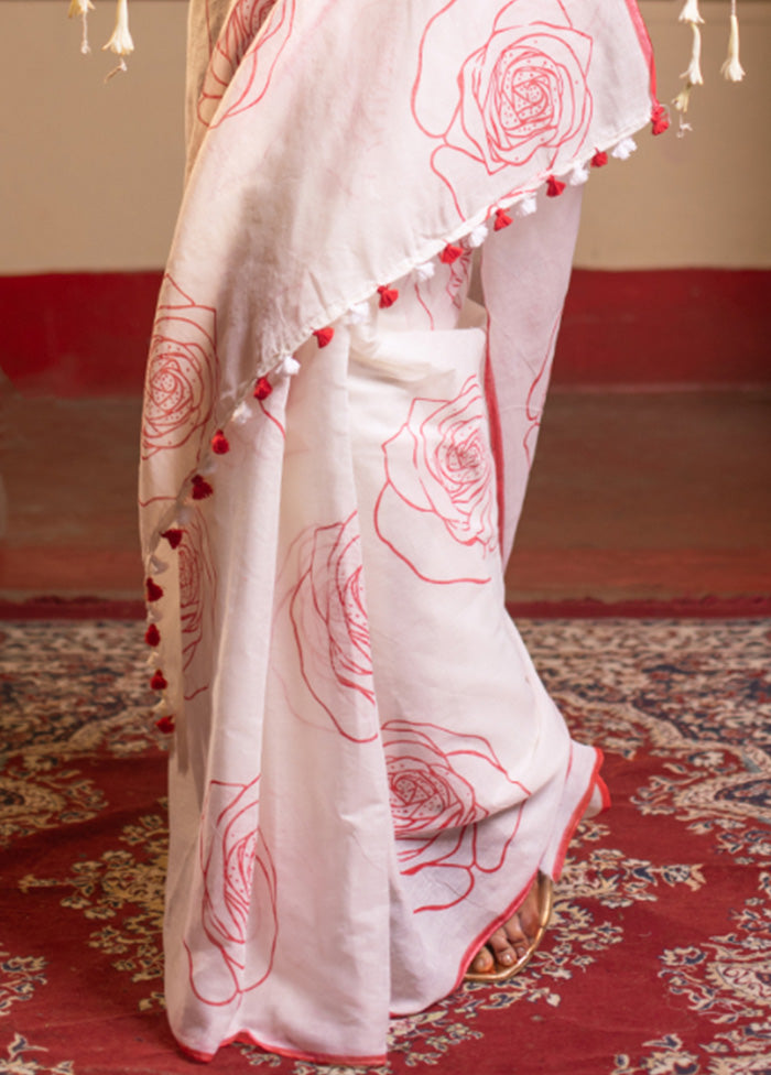 White Spun Silk Saree With Blouse Piece