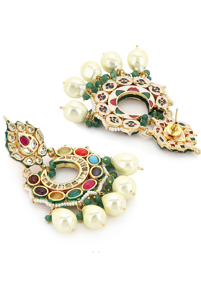 Golden Kundan Work Alloy Earrings - Indian Silk House Agencies