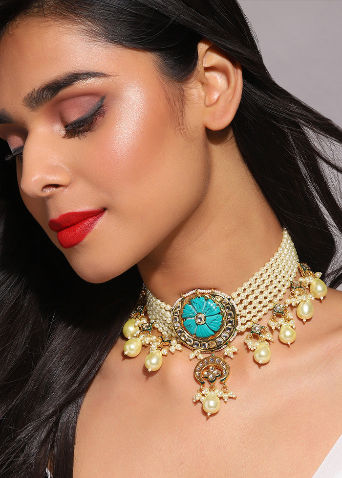 Golden Kundan Work Brass Necklace - Indian Silk House Agencies