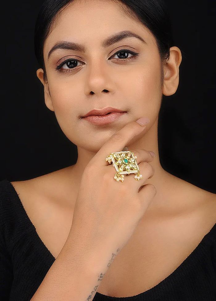 Green Gold Tone Kundan Inspired Adjustable Ring - Indian Silk House Agencies