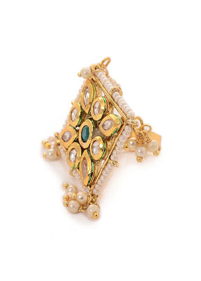 Green Gold Tone Kundan Inspired Adjustable Ring - Indian Silk House Agencies