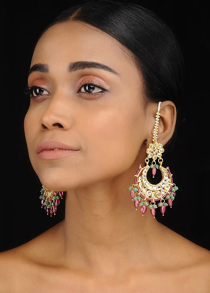 Pink And Green Gold Tone Kundan Inspired Earrings - Indian Silk House Agencies