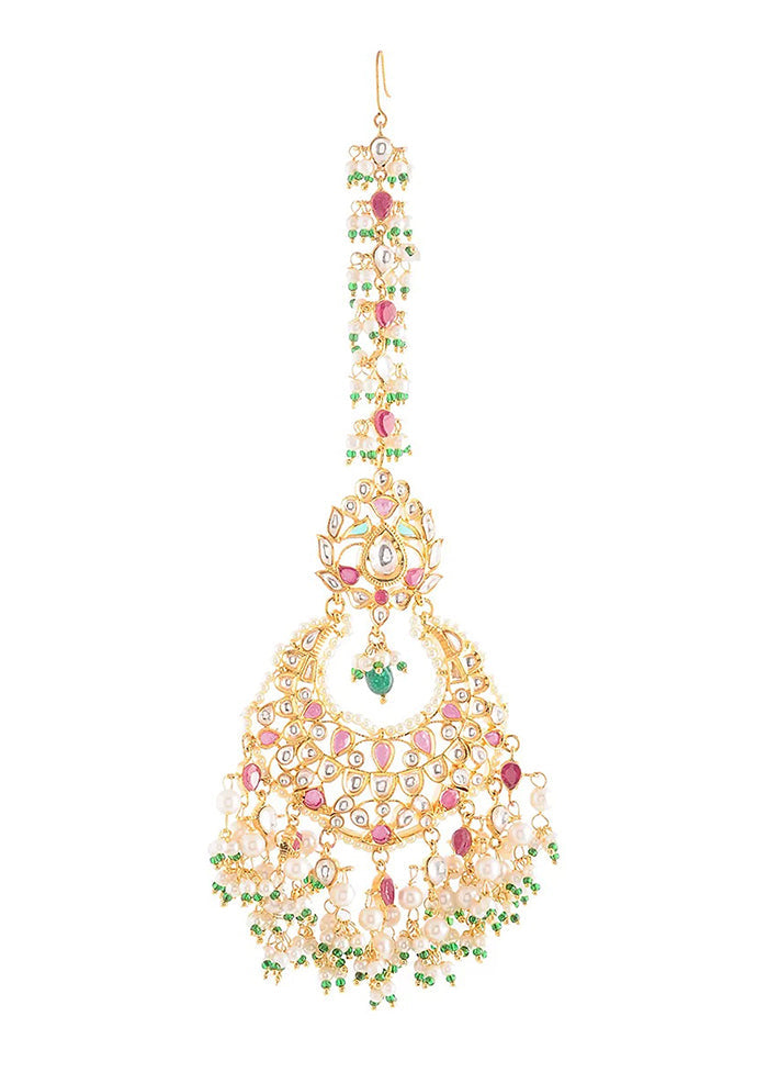 Pink Green Gold Tone Kundan Mangtika With Pearls - Indian Silk House Agencies