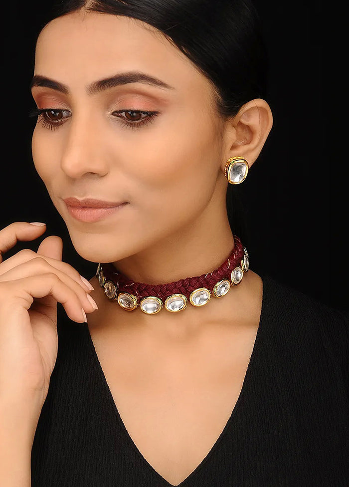 Maroon Gold Tone Kundan Necklace With Earrings Set - Indian Silk House Agencies