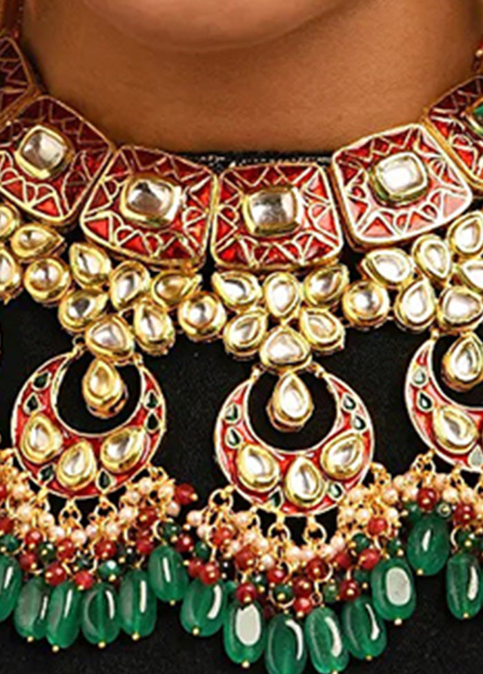 Green Red Gold Tone Kundan Enameled Necklace And Earrings With Mangtika - Indian Silk House Agencies