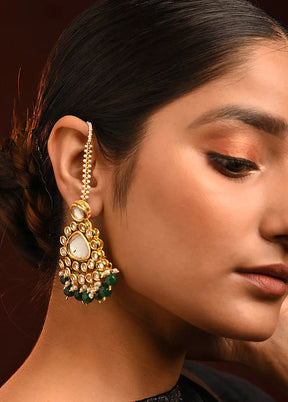 Green Gold Tone Kundan Earrings With Ear Chains - Indian Silk House Agencies