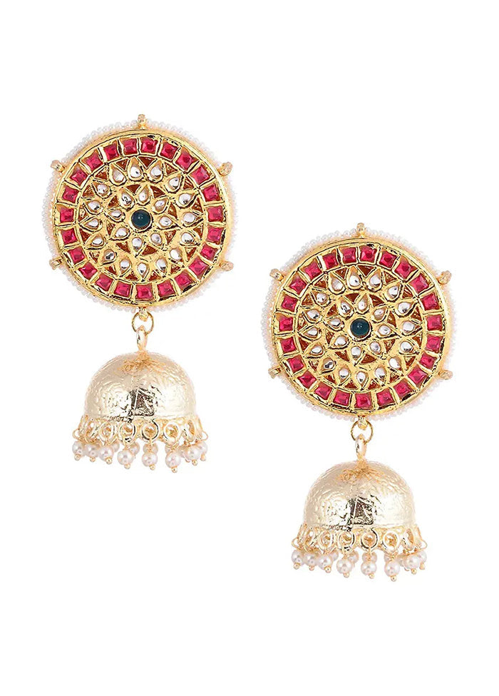 Red Gold Tone Jhumki Earrings With Pearls - Indian Silk House Agencies