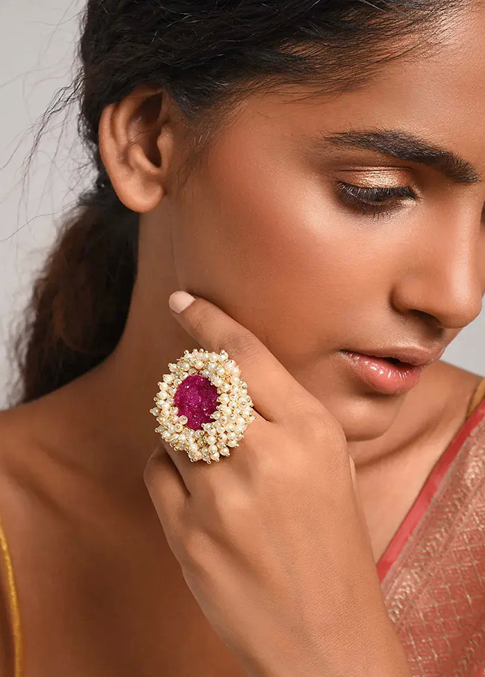 Pink Gold Tone Handcrafted Ring With Pearls - Indian Silk House Agencies