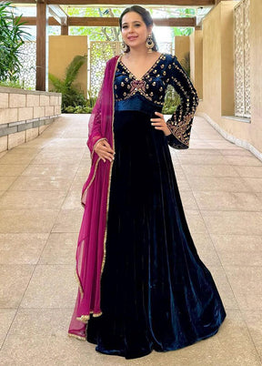 Blue Readymade Silk Dupatta Indian Dress