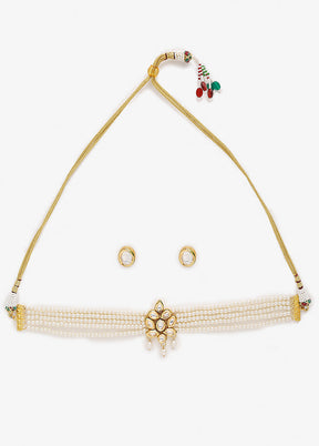 Pearl Kundan Choker Necklace Set With Studs - Indian Silk House Agencies