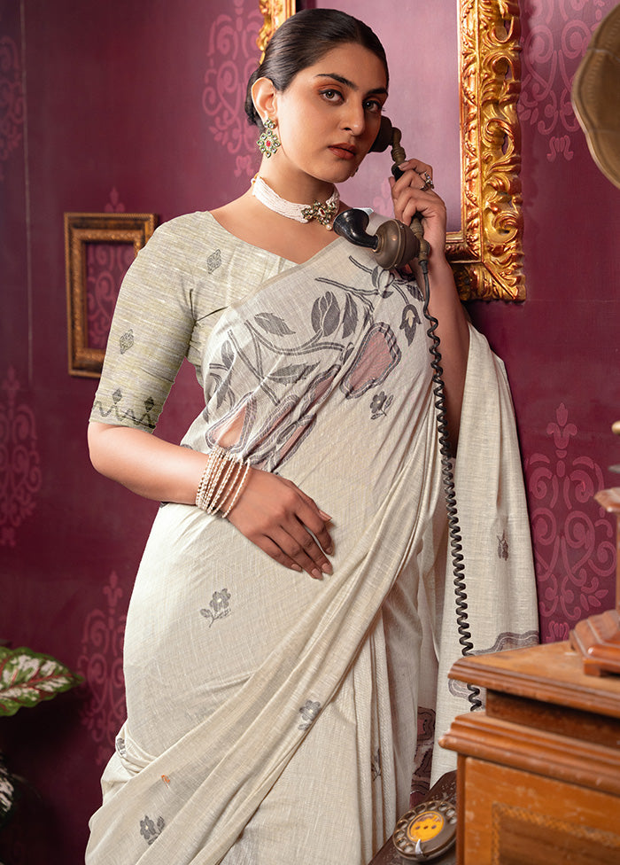 White Pure Cotton Saree With Blouse Piece