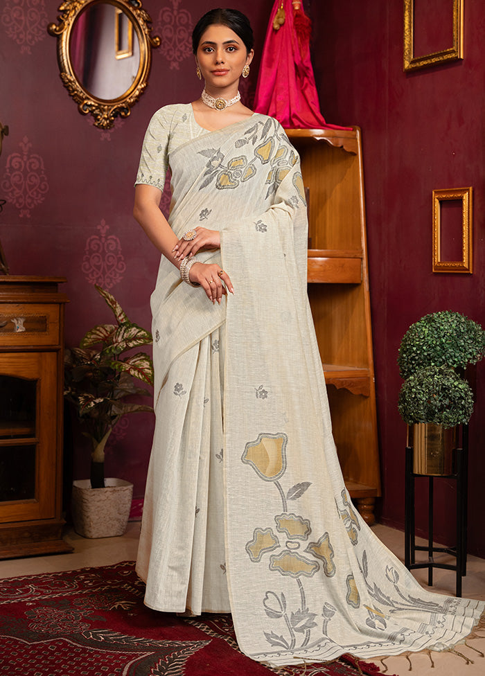 White Pure Cotton Saree With Blouse Piece