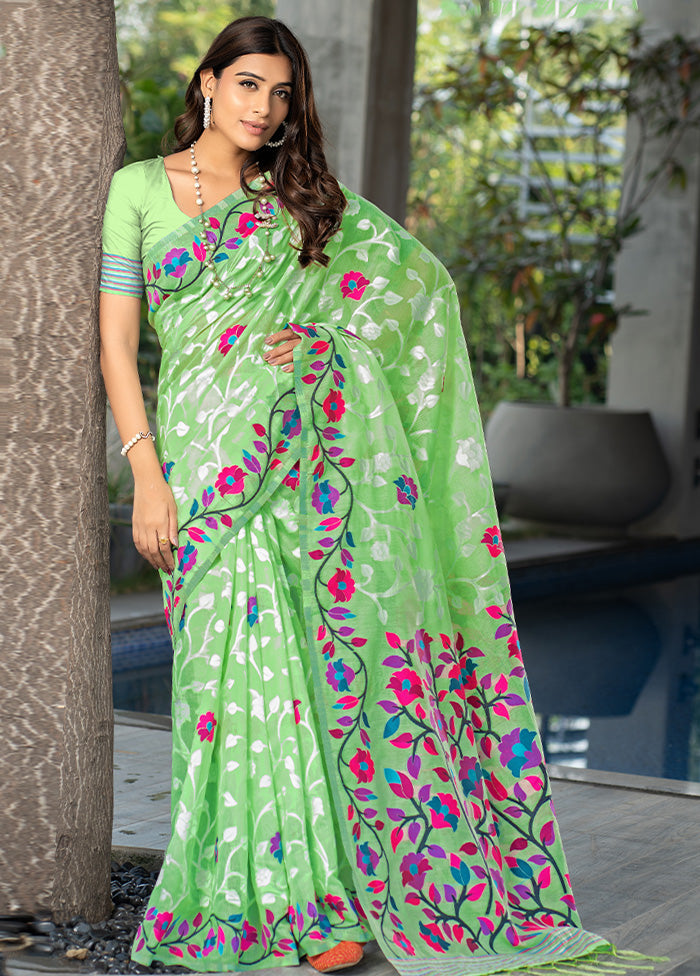 Green Pure Cotton Saree With Blouse Piece - Indian Silk House Agencies