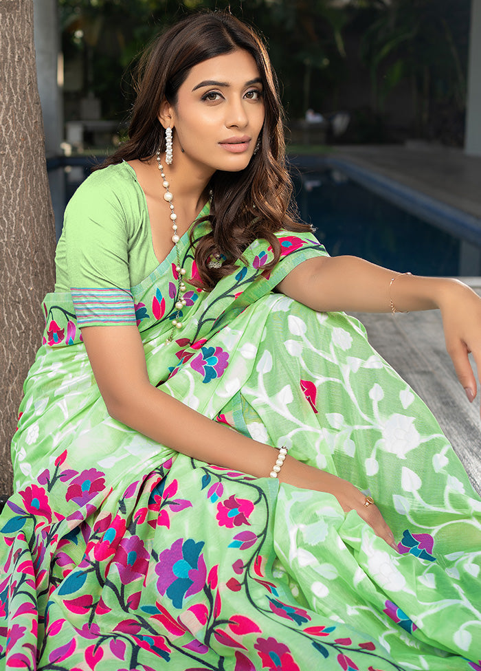 Green Pure Cotton Saree With Blouse Piece - Indian Silk House Agencies