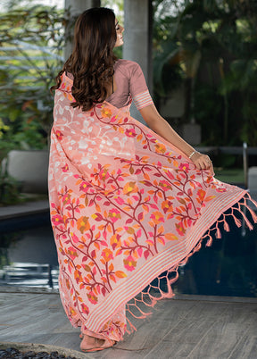 Peach Cotton Saree With Blouse Piece