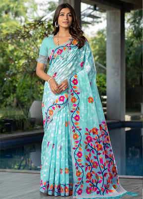 Sky Blue Pure Cotton Saree With Blouse Piece - Indian Silk House Agencies