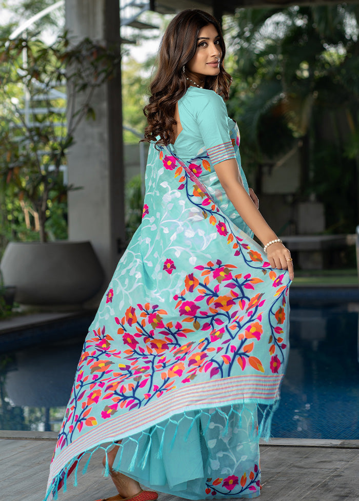 Sky Blue Pure Cotton Saree With Blouse Piece - Indian Silk House Agencies