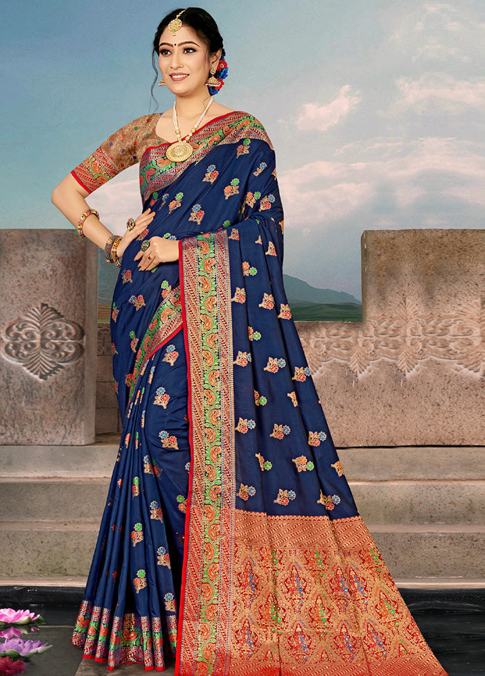 Navy Blue Spun Silk Saree With Blouse Piece - Indian Silk House Agencies