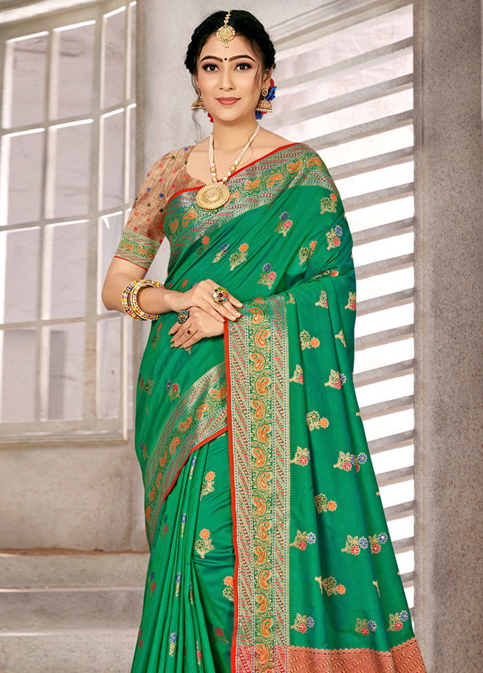 Green Spun Silk Saree With Blouse Piece - Indian Silk House Agencies