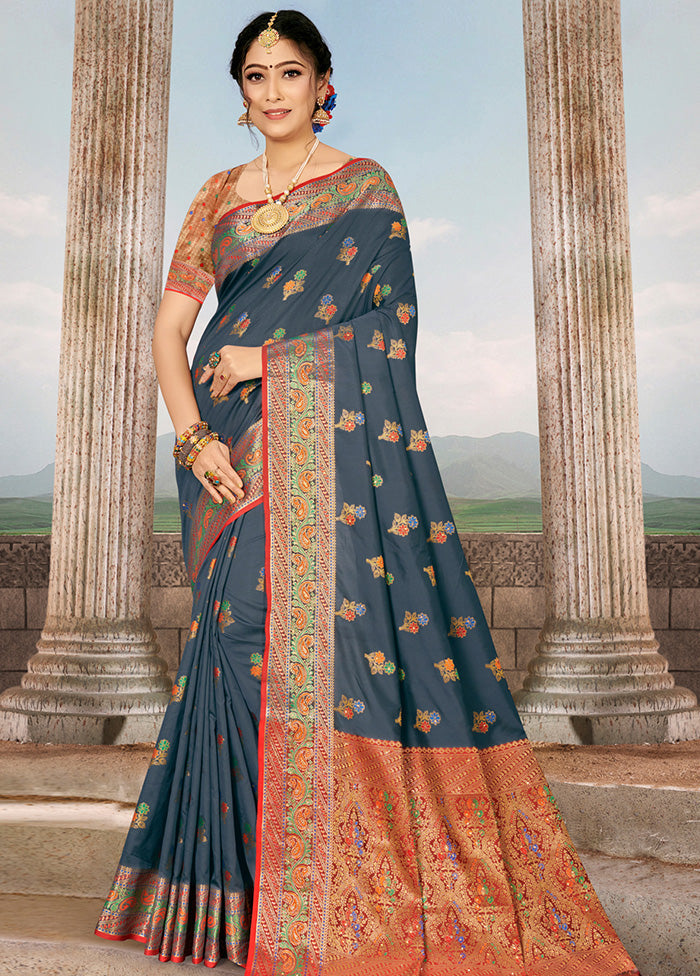 Grey Spun Silk Saree With Blouse Piece - Indian Silk House Agencies