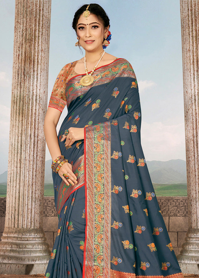 Grey Spun Silk Saree With Blouse Piece - Indian Silk House Agencies