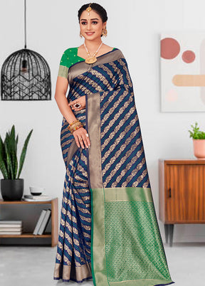 Navy Blue Spun Silk Saree With Blouse Piece - Indian Silk House Agencies