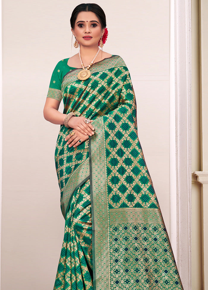 Green Spun Silk Saree With Blouse Piece - Indian Silk House Agencies