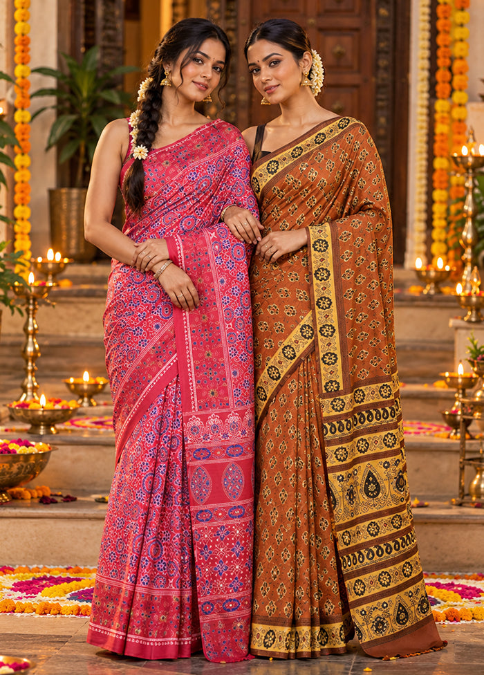 Royal Indigo Duo – Pink & Brown Printed Silk Sarees