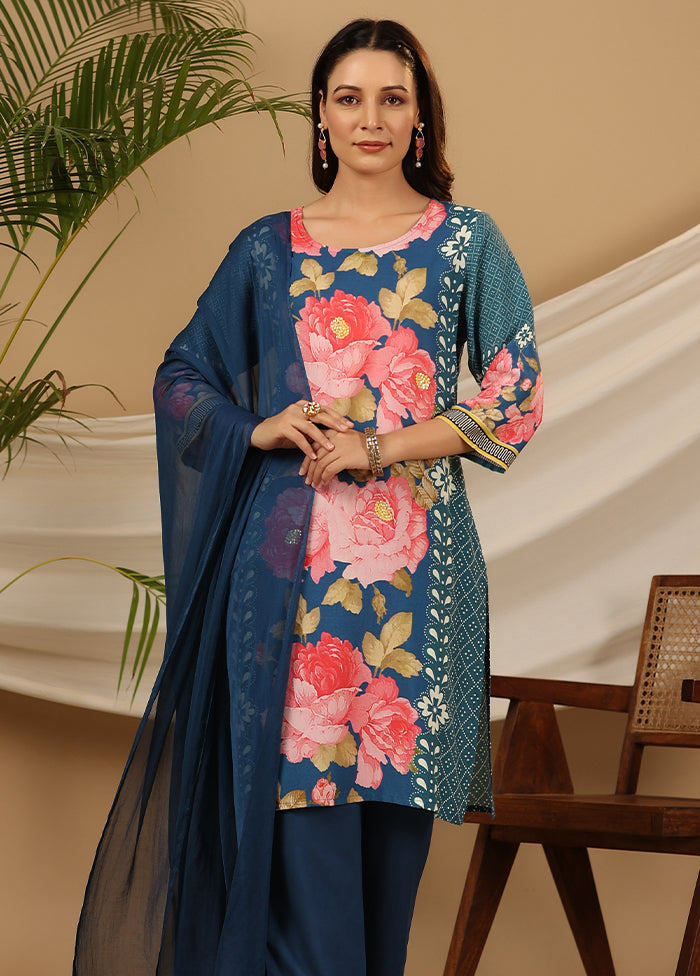 3 Pc Blue Pure Readymade Rayon Suit Set