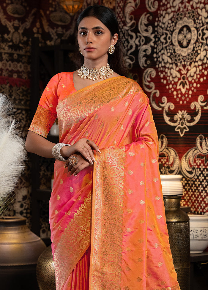 Peach Banarasi Silk Saree With Blouse Piece